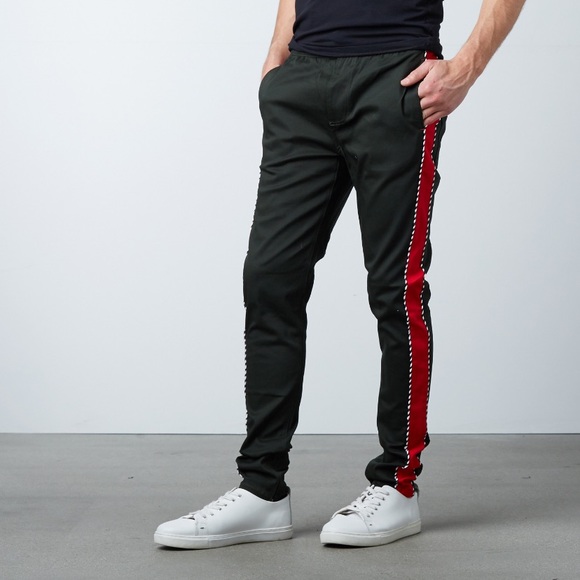 Striped Twill Track Pants + Piping // Olive +Red - Picture 1 of 2